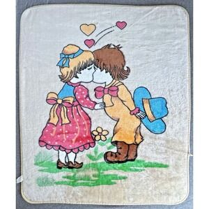 Vintage Plush Minky Baby Blanket Kissing Couple Hearts Lovey Security 42x51